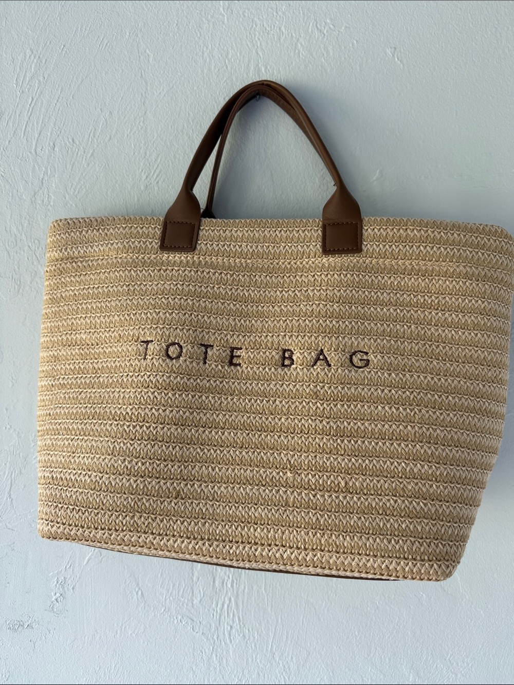Cream Straw Tote with Brown Handles - TOTE BAG